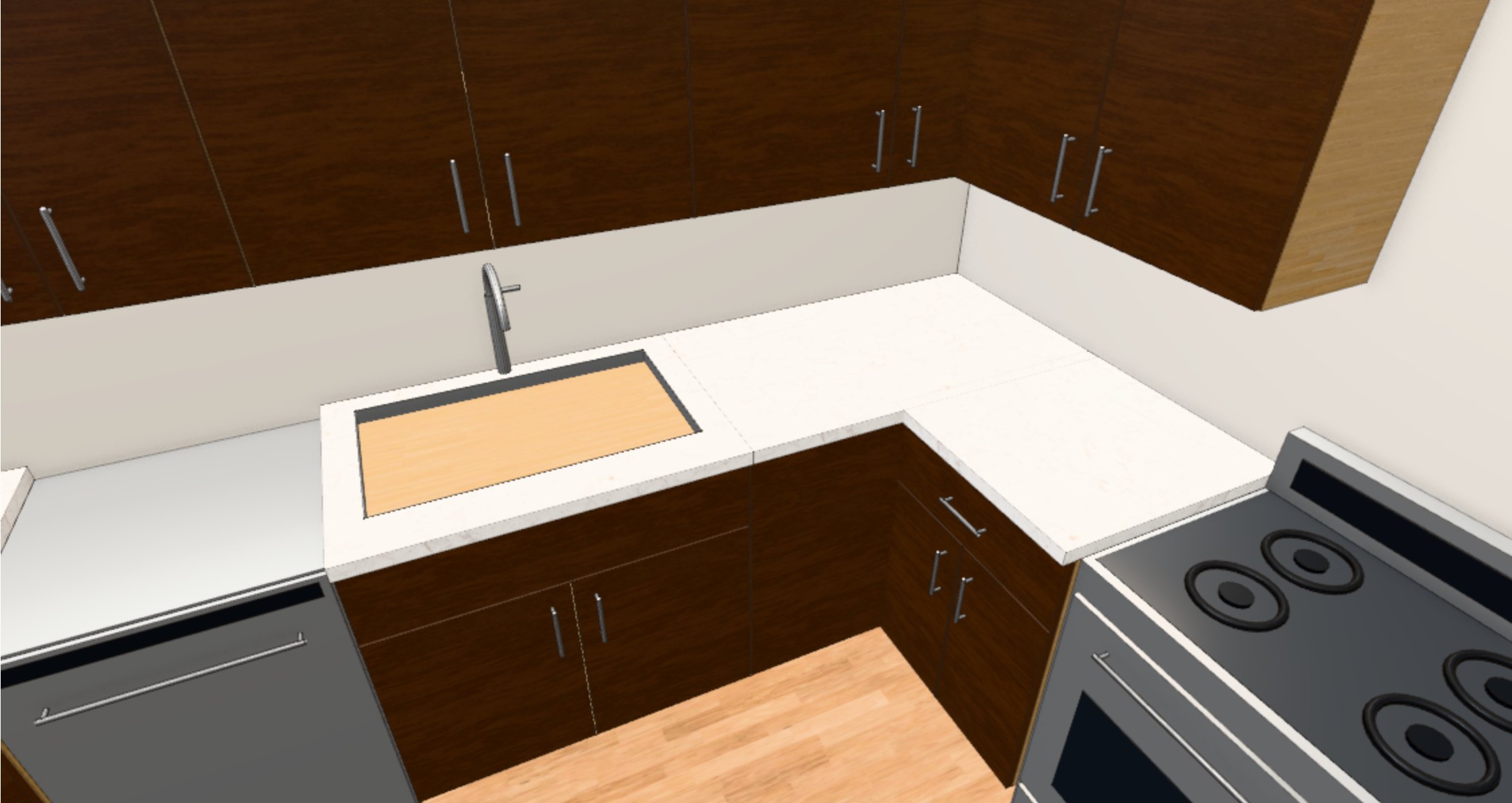 A kitchen drawn in Dadoboard, shown in 3D