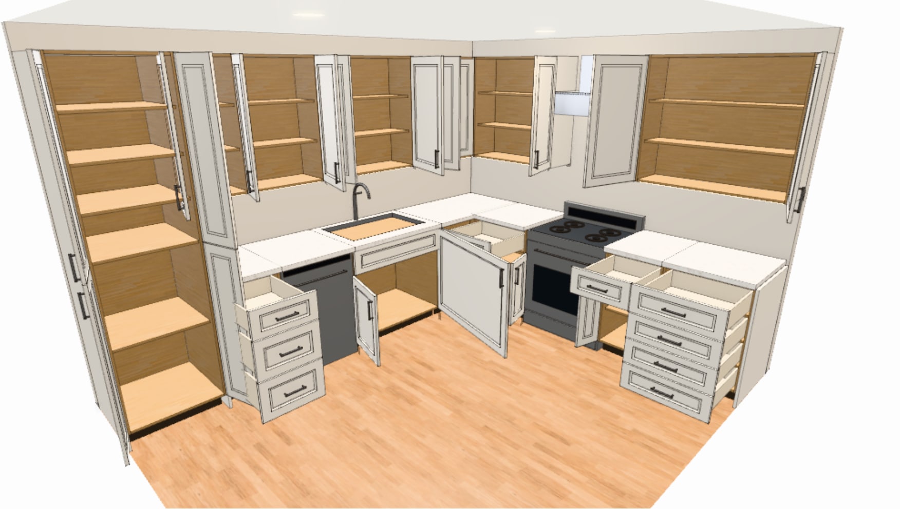The Brandt kitchen in 3D, every door and drawer open