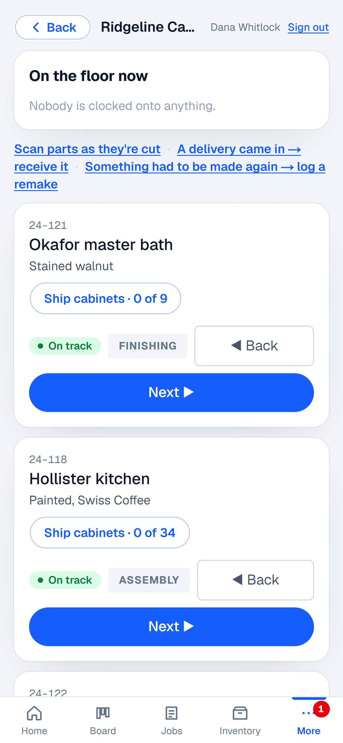 The shop floor on a phone: each job with its step, whether it is on track, and a big Next button