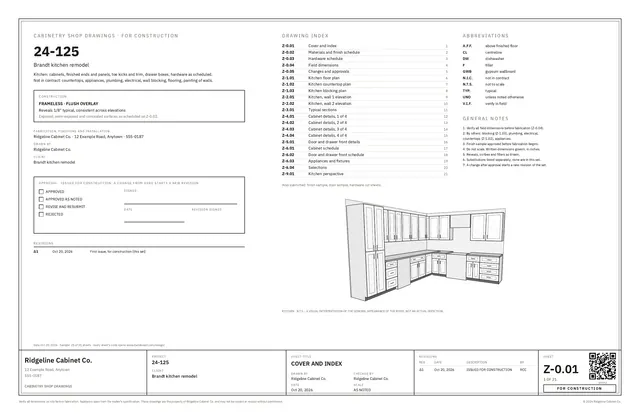 The set's cover sheet: the Brandt kitchen's job number, the drawing index, the approval block and a line perspective of the kitchen