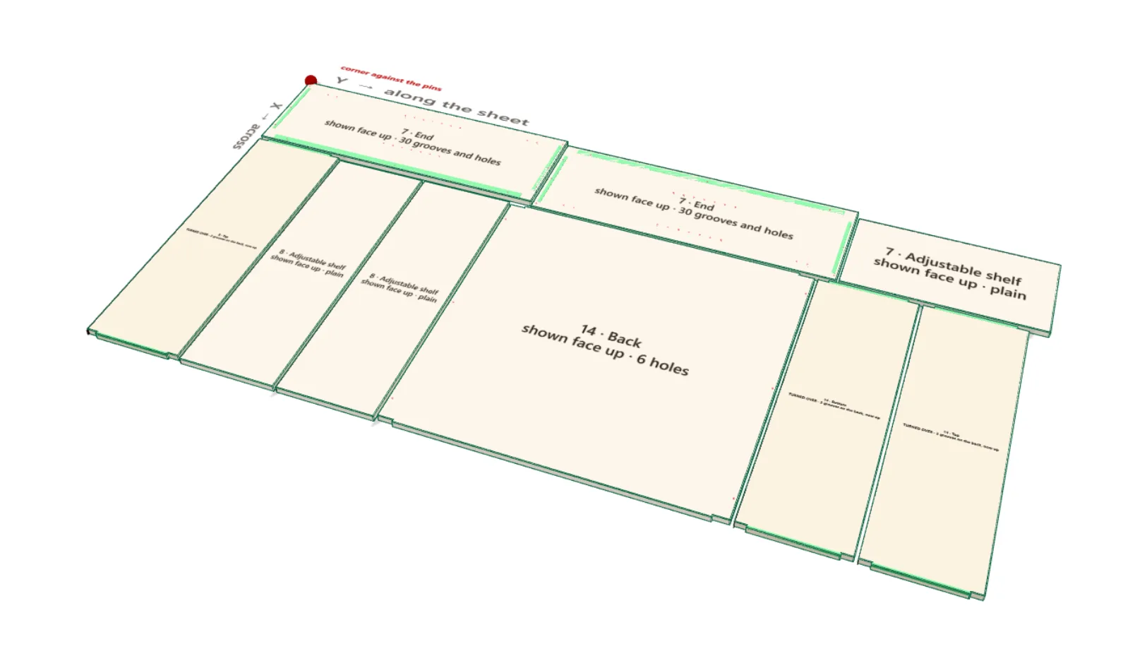 Sheet 7 of the Brandt kitchen's birch plywood in 3D: its ends, tops, bottom, back and shelves named, with their grooves and holes