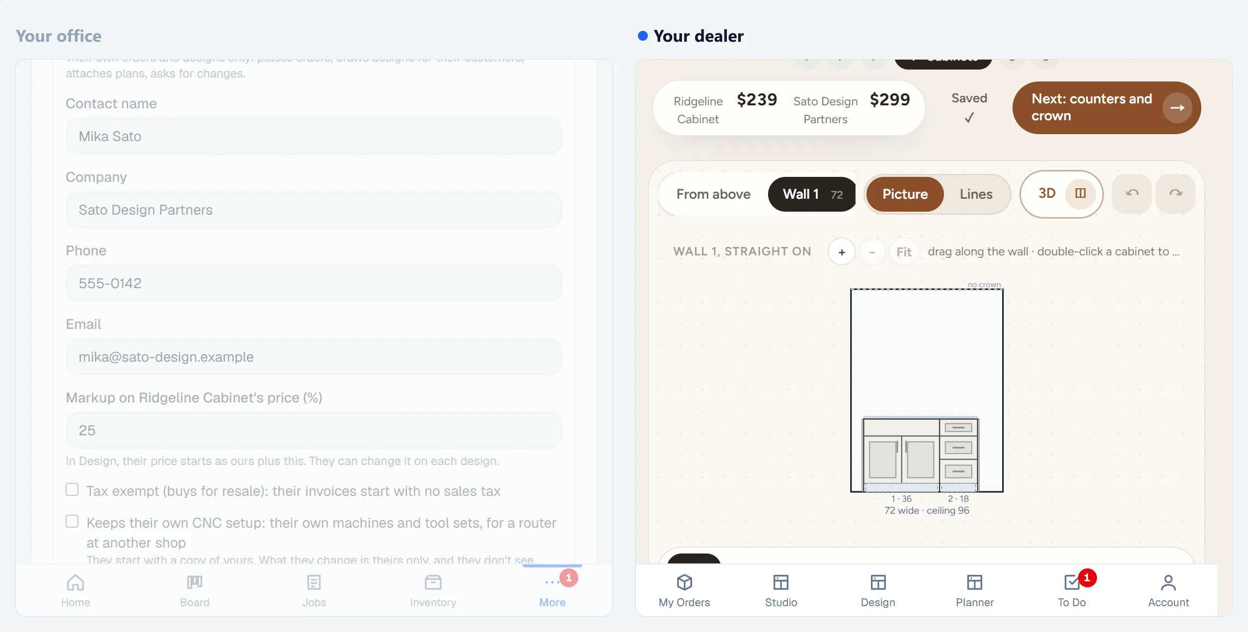 Your office and your dealer side by side: the dealer's design in the shop's room designer, with the shop's price and the dealer's