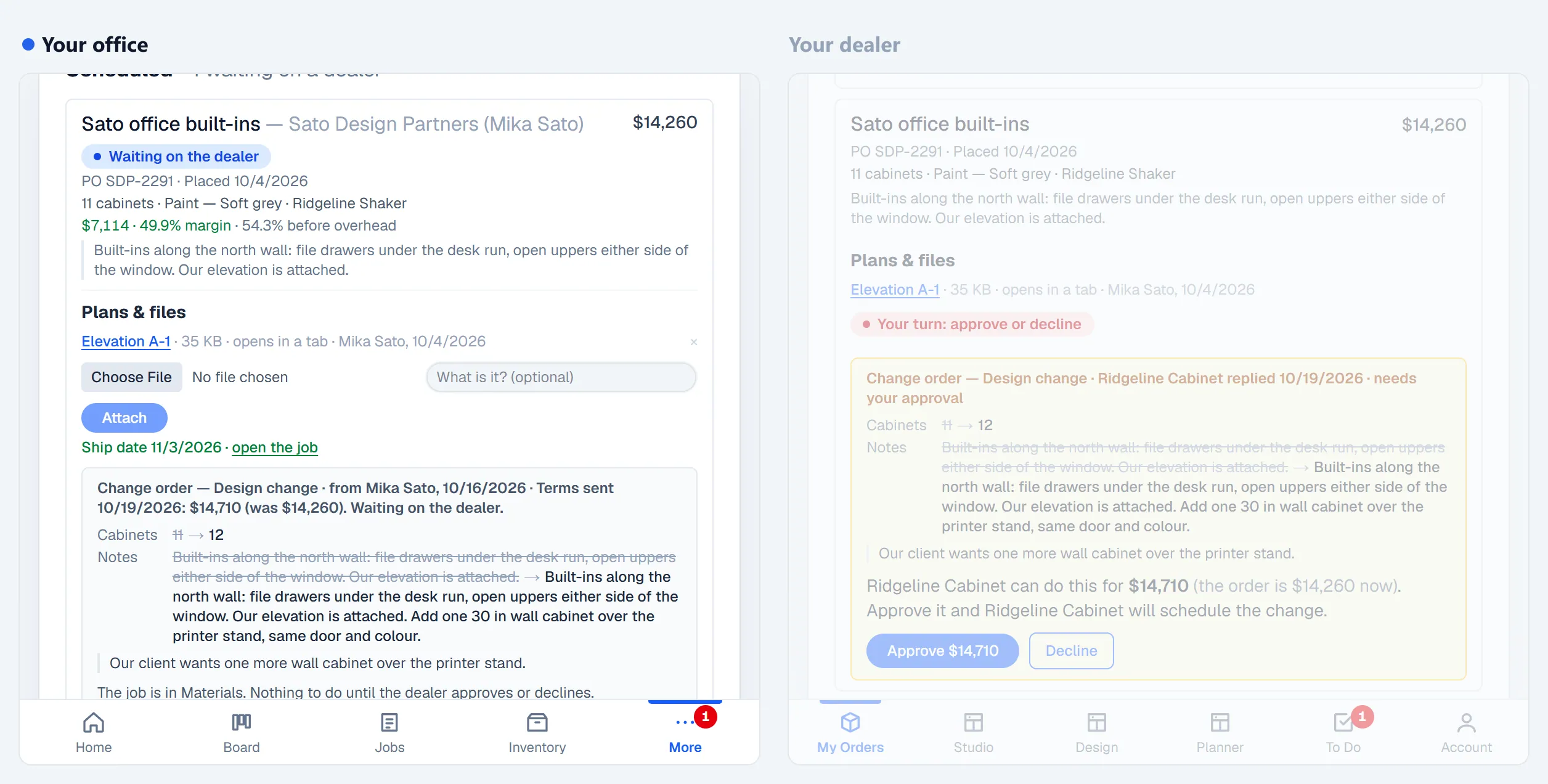 Your office and your dealer side by side: the dealer's order in the office's Dealer Orders, with their elevation attached and a ship date