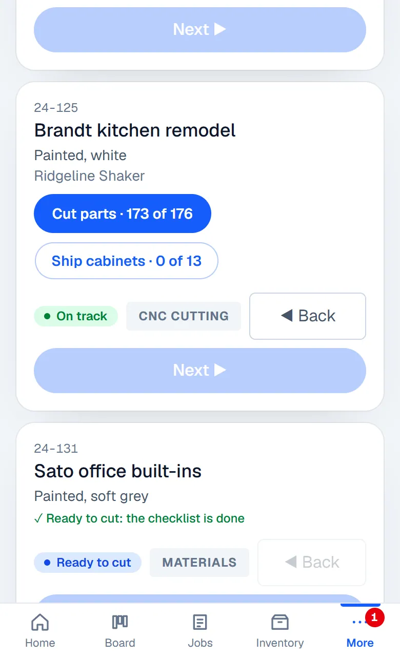 The crew's floor screen on a phone: the Brandt kitchen at CNC cutting, Cut parts 173 of 176, and its Next button greyed out