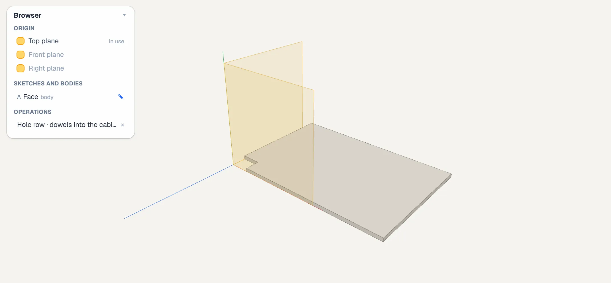 The part builder with a shaped end panel in 3D, its sketch, body and dowel holes listed beside it